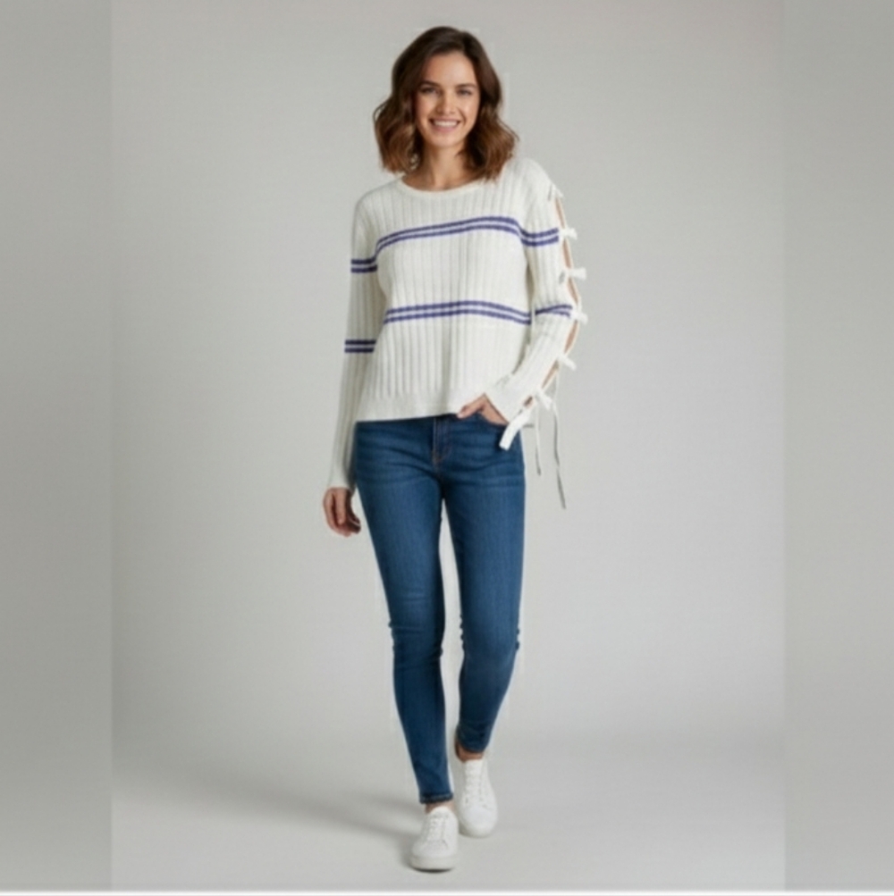 Vtg ENGLISH FACTORY Striped Long Lace sleeves‎ Round Neck treach Sweater  Sz M/L
